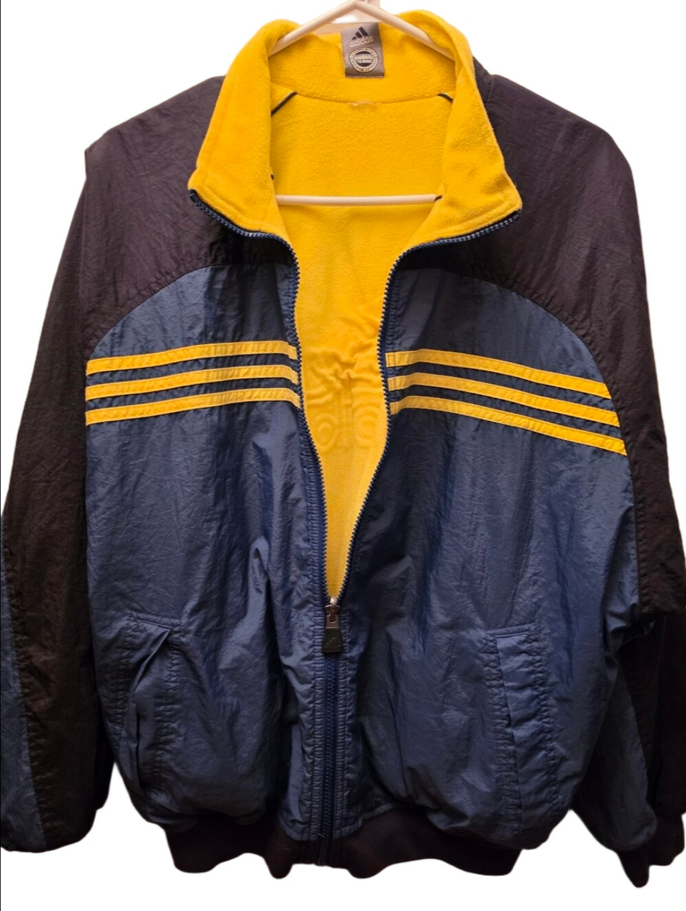 Adidas 3 Stripes Vintage Windbreaker Jacket Navy Yellow Oversized Retro